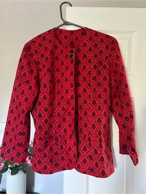 Women's Red Printed Collarless Jacket - button down Size Medium